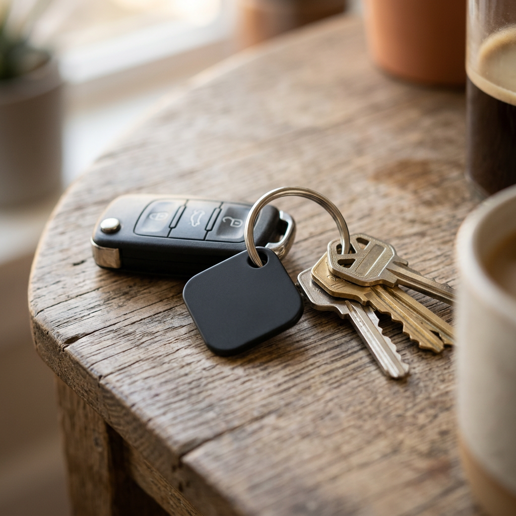 HallaTag enganchado a un llavero con llaves de casa y del coche